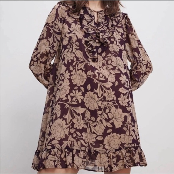 Zara Womens Sz M Purple And Tan Floral Chiffon Ruffle Mini Dress Long Sleeves - Picture 3 of 14
